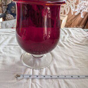 LARGE RUBY RED GLASS VASE CLEAR FOOTED